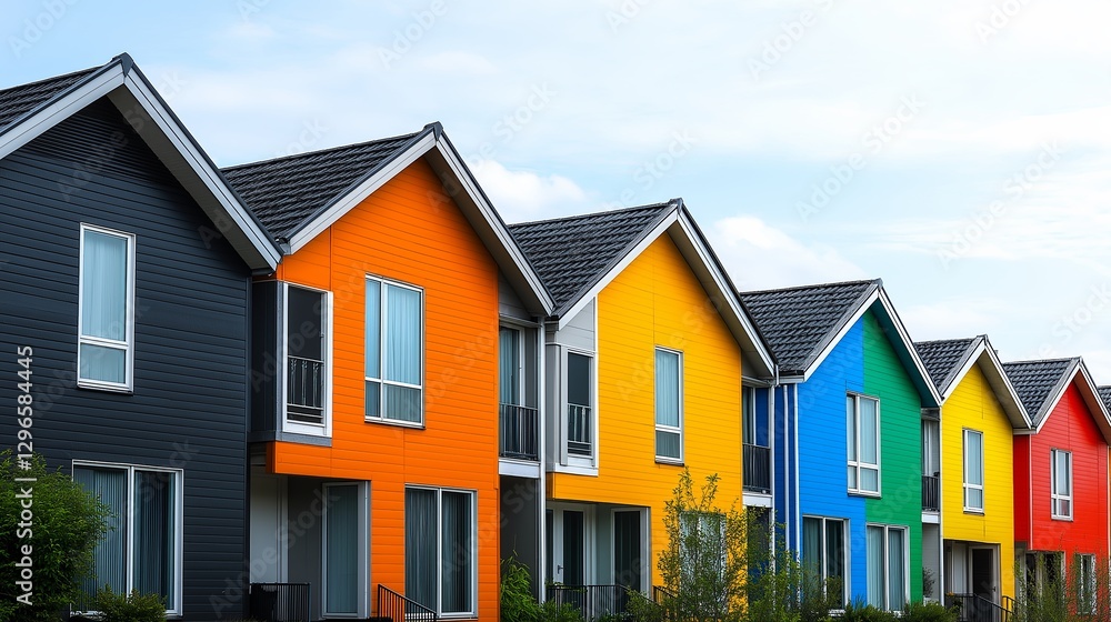Poster a row of identical minimalist houses, except one in a bold color