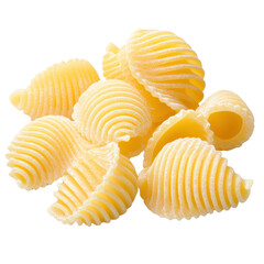 Pasta shells on white background, textured surface, culinary preparation, versatile ingredient for various dishes, copy-space available. Isolated on white background or PNG
