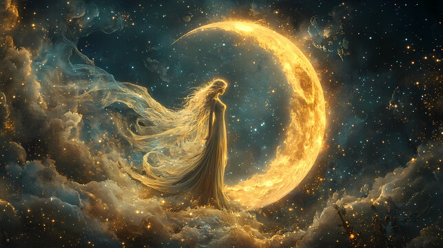 A mystical interpretation of a lunar eclipse with the moon depicted as a powerful goddess, surrounded by stars and ethereal light. etherean. illustration. Ethereal Star Goddess. Illustration