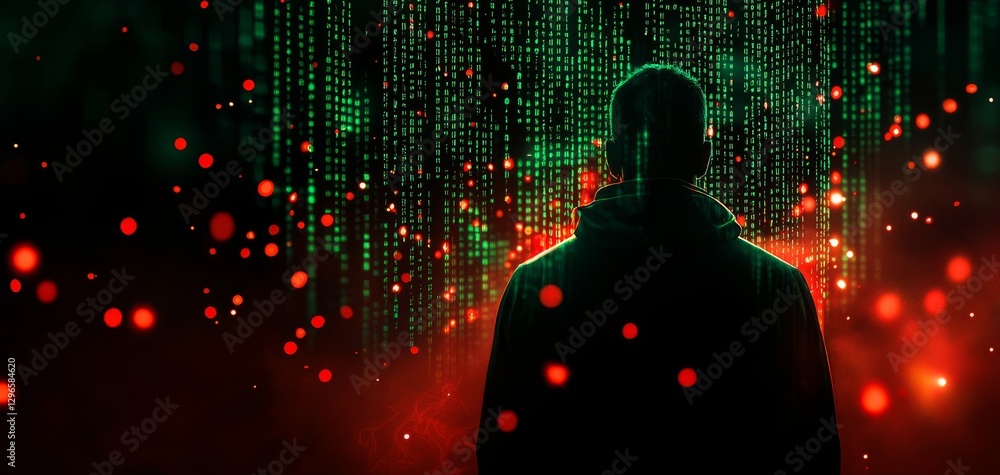 Poster a silhouette stands against a backdrop of green binary code and glowing red particles, evoking a mys