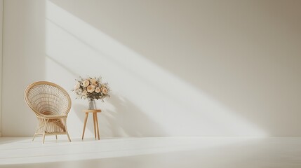 Minimalist Interior Space with Elegant Rattan Chair and Floral Arrangement Bathed in Natural Light