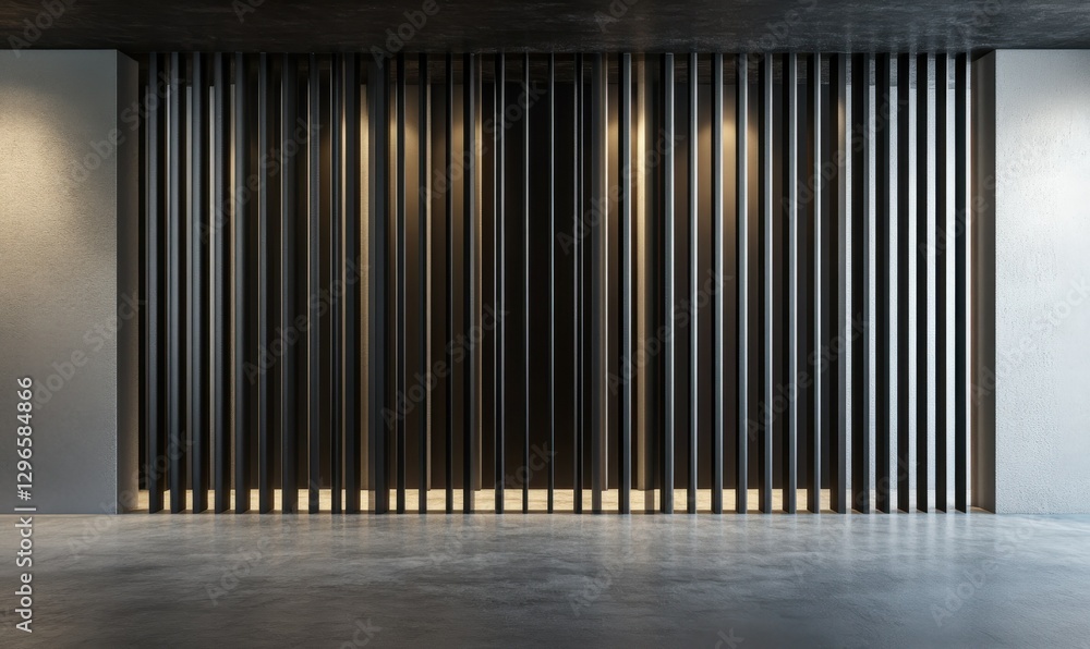Aufkleber minimalist black vertical bars arranged in a sleek industrial design, diffused light creating sharp 