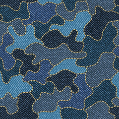 Denim blue camouflage seamless pattern. Classic camouflage stains with denim fabric texture. For clothing design.
