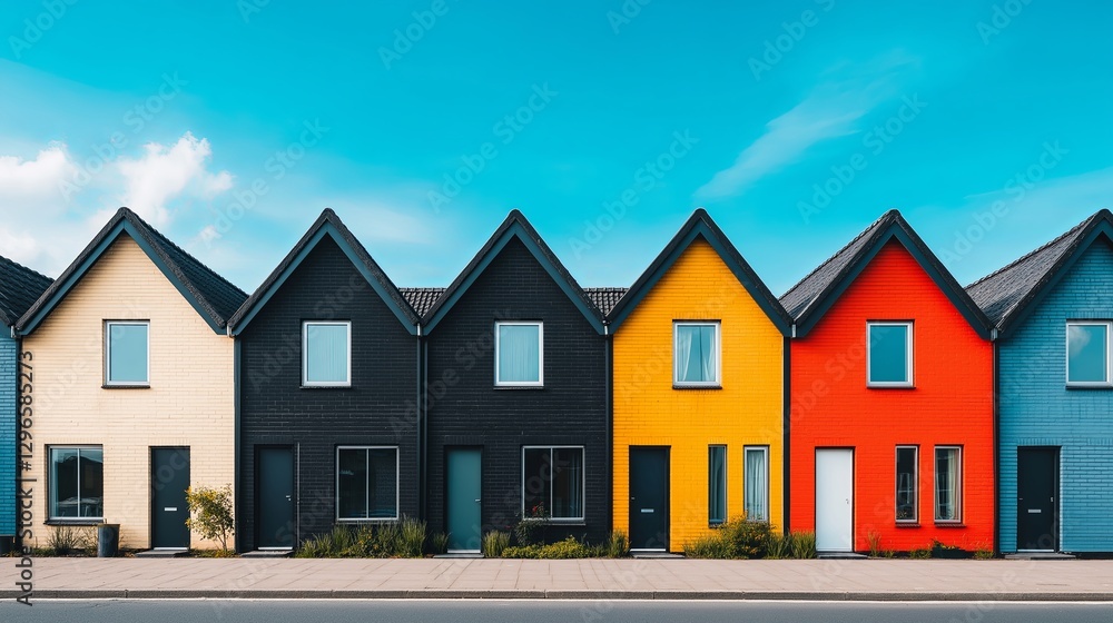 Poster a row of identical minimalist houses, except one in a bold color