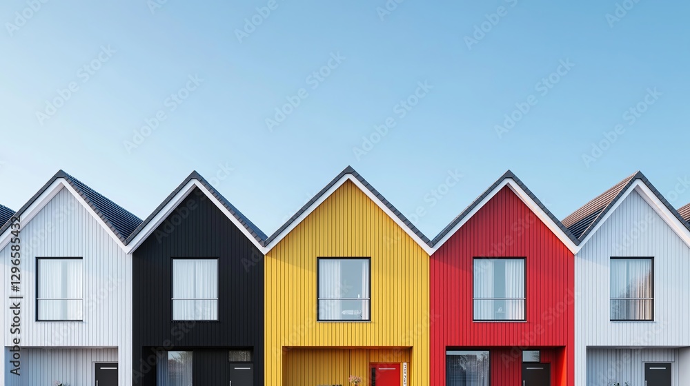 Aufkleber a row of identical minimalist houses, except one in a bold color