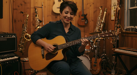 A woman playing a guitar in a sunlit room, surrounded by musical instruments