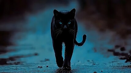 Obraz premium Mysterious Black Cat Walking Along a Glowing Path at Night with Striking Blue Eyes