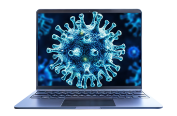 Virus in front of a laptop, illustrating online security risks, isolated on transparent cutout background
