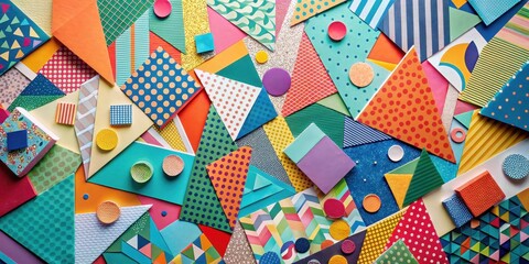 Obraz premium Colorful geometric paper collage with scattered shapes and abstract designs, creating a unique texture and visual interest, graphic design elements, modern decor
