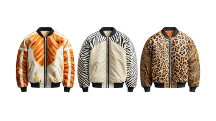 Png of Luxury Animal Print Bomber Jackets – Tiger, Zebra, and Leopard Patterns on transparent background.