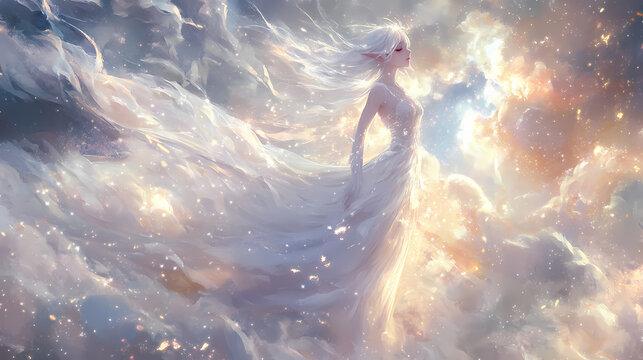 Artful painting illustration of a fairy goddess wearing white elegance dress walking among celestial light, white silver hair fly in wind blow. Ethereal Star Goddess. Illustration