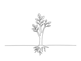 Obraz premium Continuous one line drawing of tree with the roots. Tree in single line draw illustration. Editable stroke.