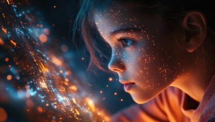 A teacher helping a student with a learning disability through glowing AR tools that adapt to their needs, Special education, SciFi, Digital Art, Soft tones