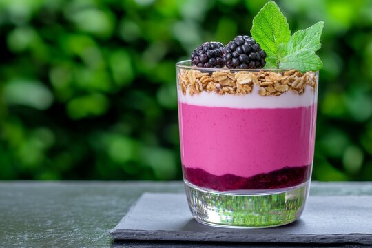 A parfait glass layered with yoghurt, granola, and fresh berries