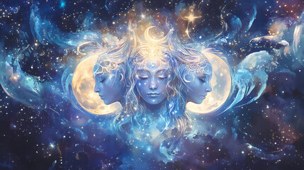 Celestial triple goddess mystical woman moon and stars spiritual art feminine energy. Ethereal Star Goddess. Illustration