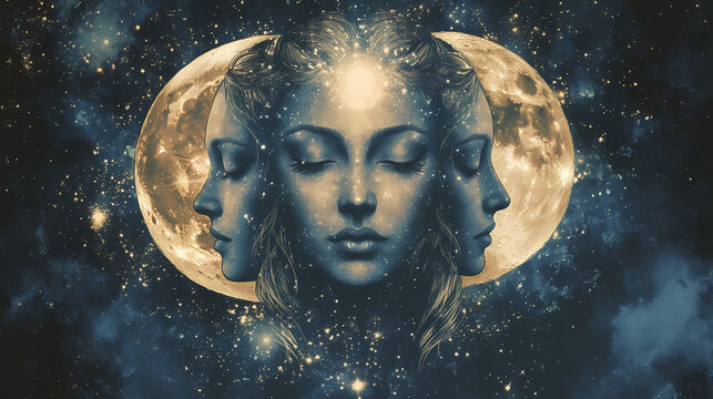 Celestial triple goddess mystical woman moon and stars spiritual art feminine energy. Ethereal Star Goddess. Illustration