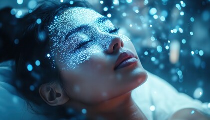 A therapist and a patient in a futuristic therapy session, with holographic emotional data displayed in the air, Mental health, SciFi, Soft and calming