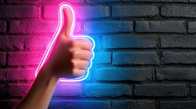 A hand displays a thumbs up sign illuminated by vibrant neon lights in pink and blue. The background features dark brick, creating a stylish urban vibe