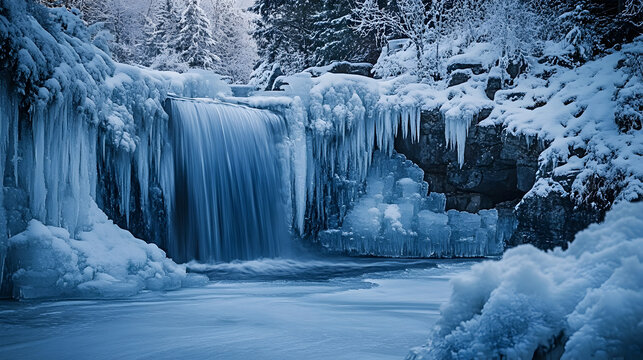 waterfall, with the water caught in mid-flow, solidified into crystal-like structures 