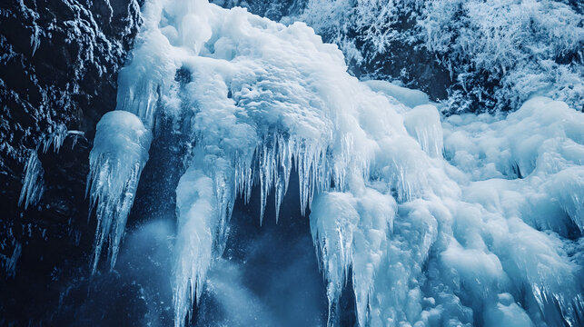 waterfall, with the water caught in mid-flow, solidified into crystal-like structures 