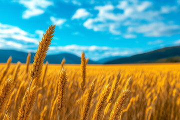 Fototapeta premium Golden wheat field under bright blue sky with fluffy clouds, showcasing nature beauty and tranquility. vibrant colors evoke sense of peace and abundance