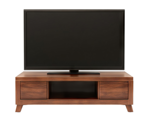 Large flat-screen TV on a wooden stand, isolated on transparent cutout background