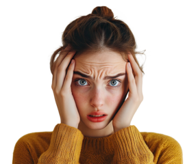 Stressed young woman holding head with worried expression, isolated on transparent cutout background