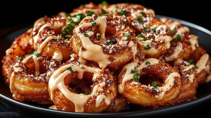 Crispy Potato Rings, Sauce, Dark Background, Food Photography, Menu