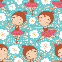 Seamless Ballet Pattern Cute Ballerina Girls on Floral Background