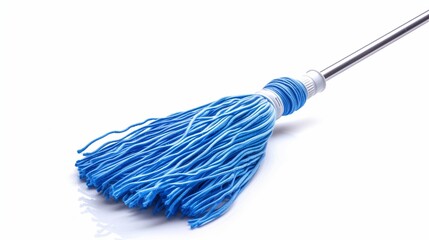 A blue mop head with white strands and a metal handle, isolated on a clean white background. 