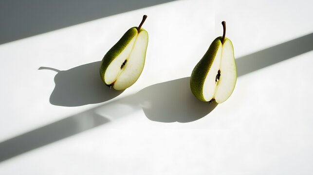 Two Freshly Sliced Green Pear Halves Casting Shadows on a Minimalist White Surface