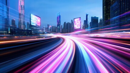 Fototapeta premium Neon pulse futuristic cyberpunk cityscape night scene urban environment dynamic perspectives illumination