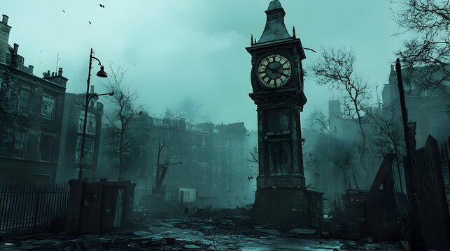 tower at the heart of a city, with the clock hands stopped and the surroundings eerily still 