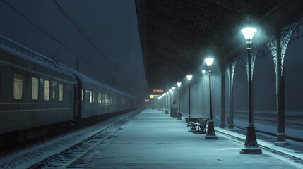train station where the trains and passengers are all frozen in place, as if time has stopped 