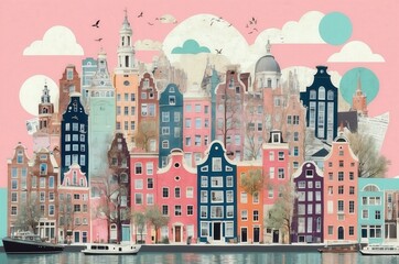 Naklejka premium Colorful canal houses in a vibrant city scene depicting the charm of urban architecture