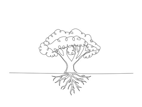 Continuous one line drawing of tree with the roots. Big Tree for green nature concept in single line draw illustration. Editable stroke.