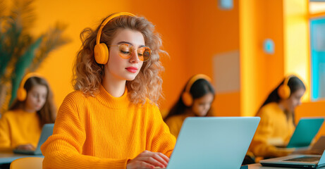 focused woman wearing headphones and sunglasses uses laptop in vibrant orange classroom. Other students are engaged in similar activities, creating lively learning environment