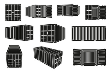 Metallic black cargo container front side and perspective view set isometric vector illustration