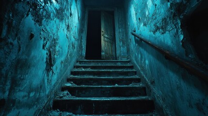 Dark basement stairs, door, peeling walls, mystery, horror