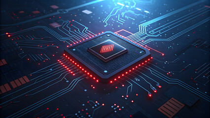 Red microchip surrounded by glowing circuit board in blue and red colors,
Futuristic microchip glowing with red light on dark circuit board background