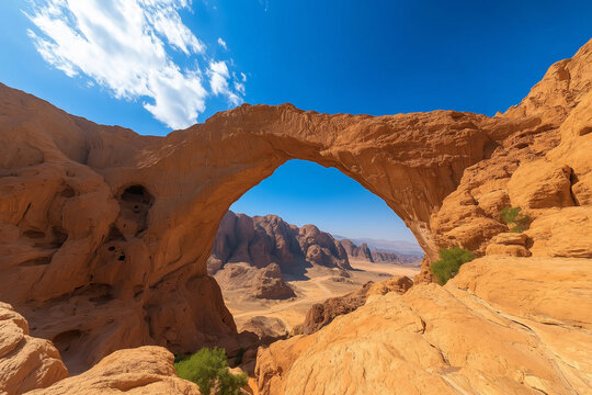 stunning view of natural rock arch against clear blue sky, surrounded by desert landscapes and rugged mountains. warm tones of rock formations create breathtaking scene - Powered by Adobe