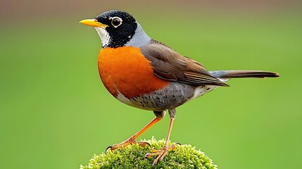 Colorful Bird with Orange Chest and Black Head Perched on Mossy Rock in Natural Habitat