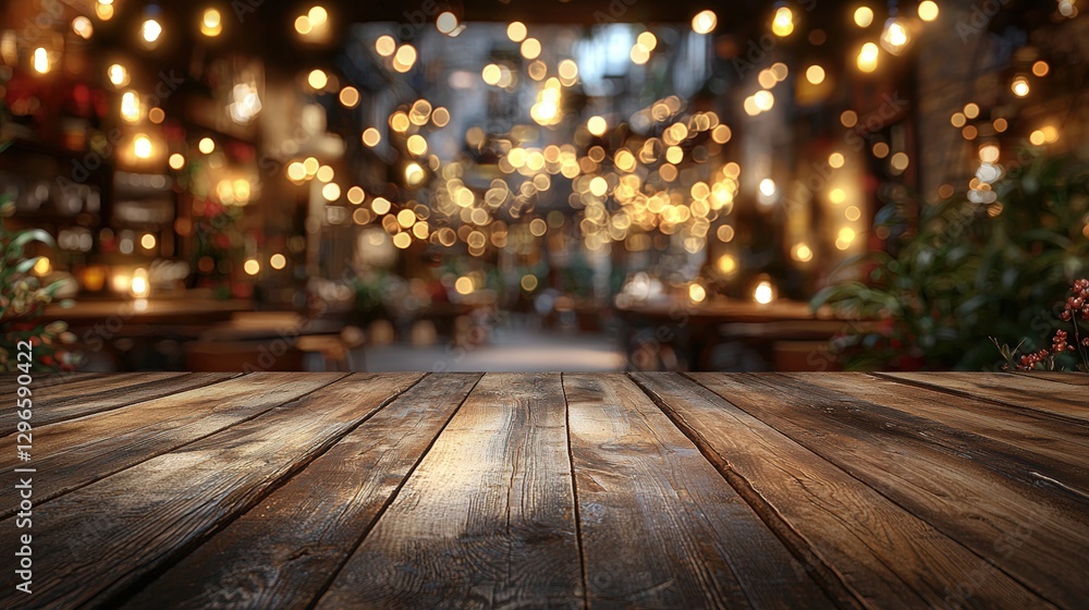 Poster wooden table with blurred lights in the background creating a cozy and inviting atmosphere for dinin