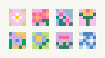 Various 8bit Flowers. Square floral icons. Pixel Art, retro video game, embroidery style. Hand drawn modern Vector illustration. Embroidered cross stitch, Vintage 90s gaming concept. Isolated elements