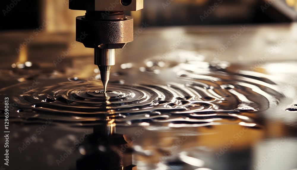 Poster Precision Water Jet Cutting Tool Creating Ripples in Metal Surface