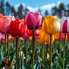 Vibrant tulips in a field on a sunny day with a forest background