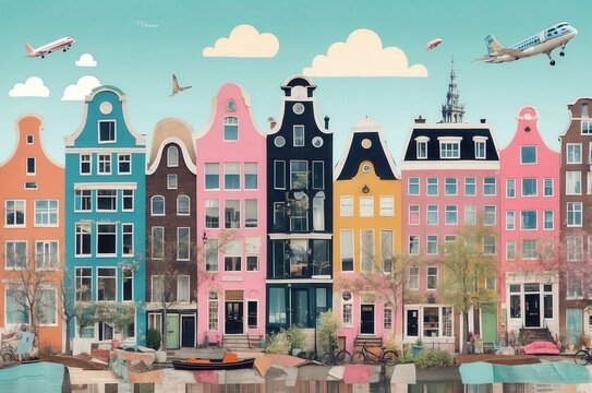 Colorful canal houses line the water in Amsterdam showcasing a vibrant urban atmosphere with busy skies above