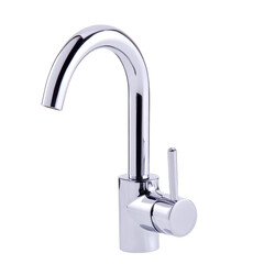 Sleek modern kitchen faucet, polished chrome finish, ergonomic design, ideal for contemporary home decor, space for branding. Isolated on white background or PNG