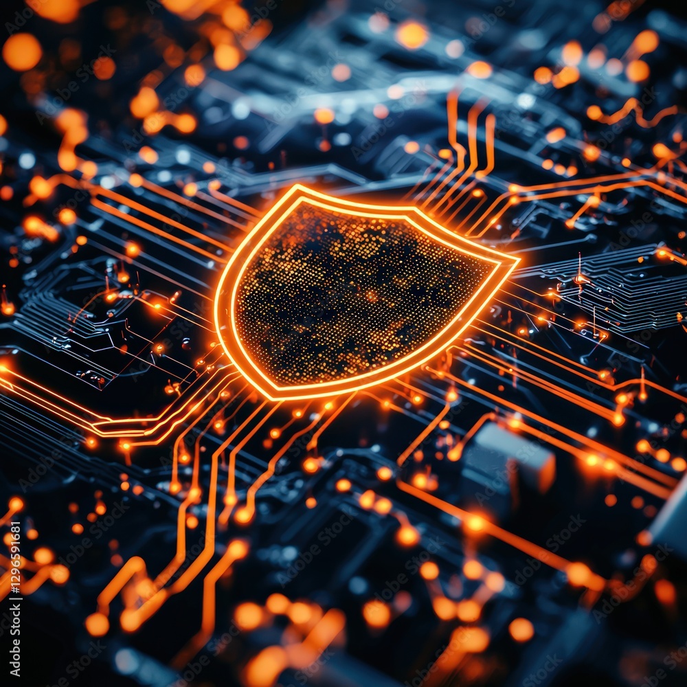 Poster abstract digital shield symbol representing cybersecurity and data protection technologies