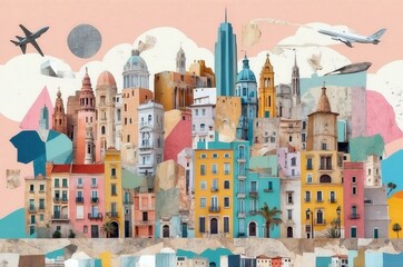 Colorful collage of buildings and landscapes representing a vibrant urban scene in a city with historical architecture and modern influences